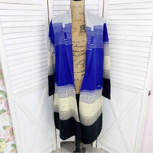 MaxSport Western Colorblock Long Cardigan Sweater Gray Blue Cream Black Large - Picture 1 of 12